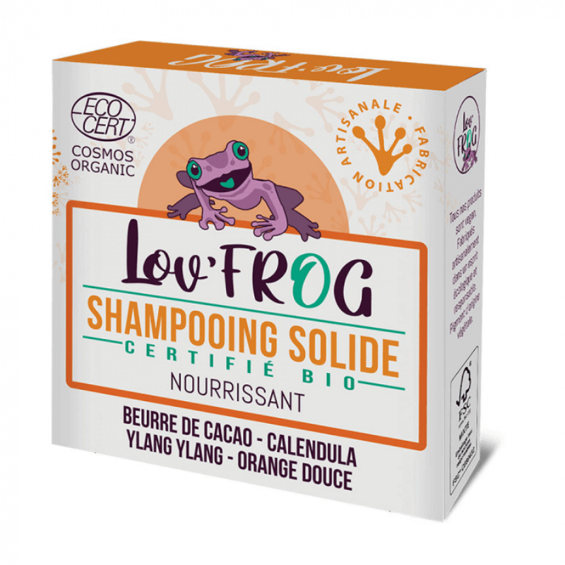 Shampooing solide bio nourrissant 50gr Lov'Frog Beurre de cacao calendula ylang ylang  orange douce