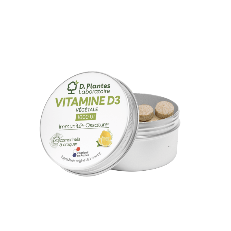 Vitamine D3 1 000 UI Végétale à croquer - D.Plantes - 30 comprimés Vegan format nomade à croquer